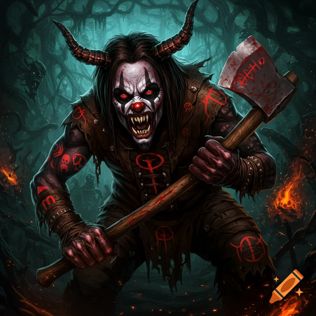 A demon clown with horns holds a bloody axe in a dark, swampy forest.