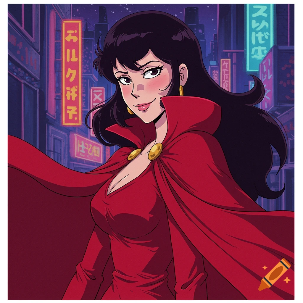 Fujiko Mine in a red dress and cape stands on a neon-lit city street at night.