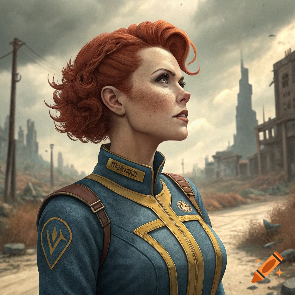 A woman with red hair in a blue and yellow uniform stands in a ruined city, looking up.