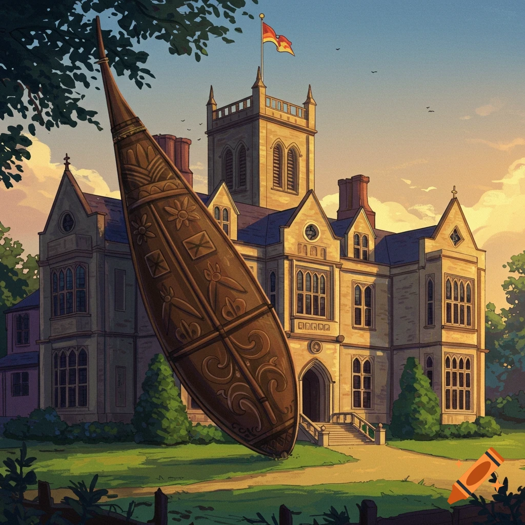 A large decorative object stands in front of a stately manor house under a sunset sky.