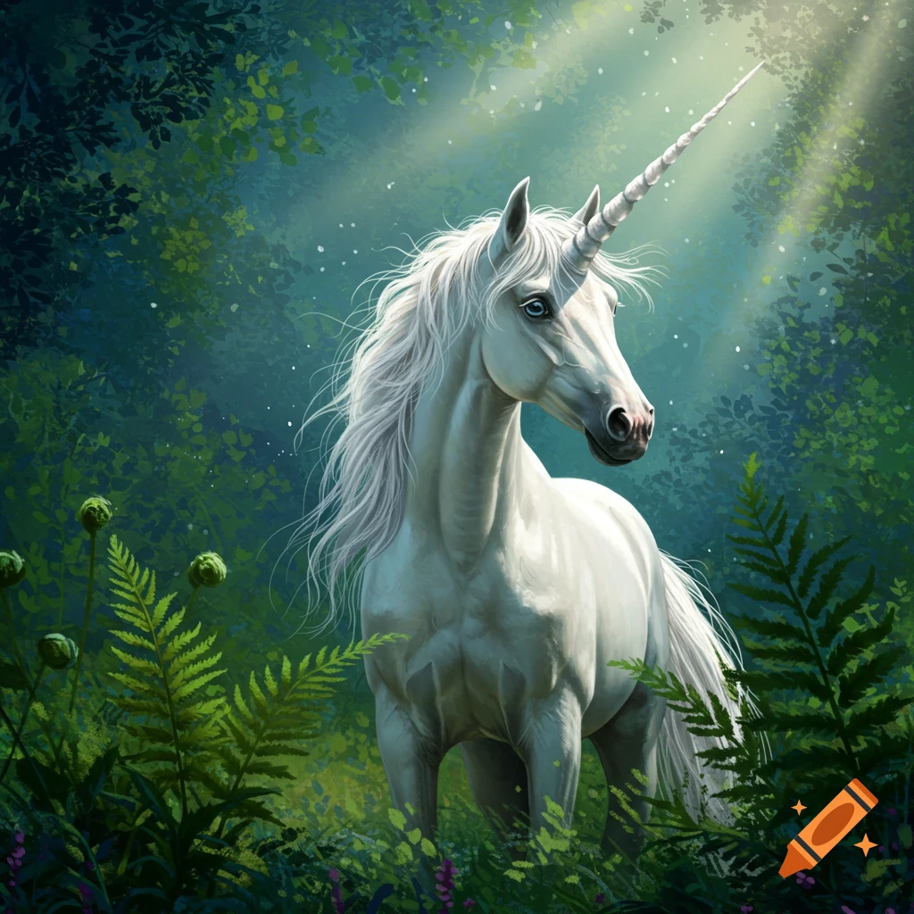 A white unicorn stands in a sunlit forest clearing.