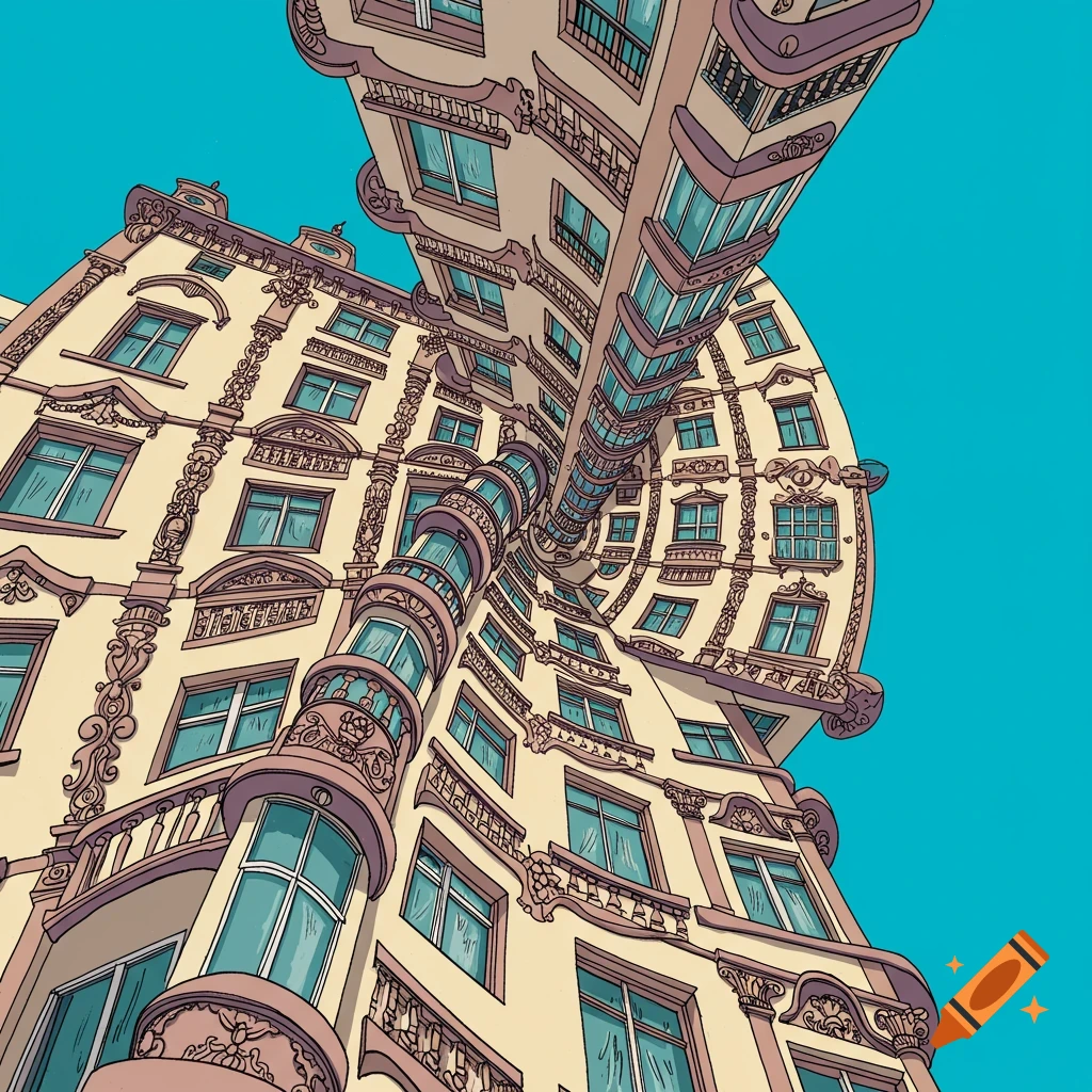 A building facade distorted and twisting upwards against a blue sky.