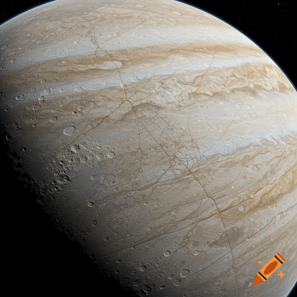 Close-up view of Europa, a moon with icy cracked and cratered surface, against a starfield