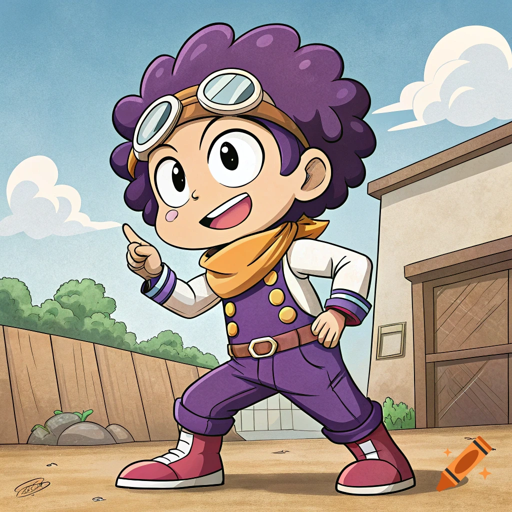 Cartoon character with purple curly hair and goggles, wearing purple overalls, points forward and smiles.