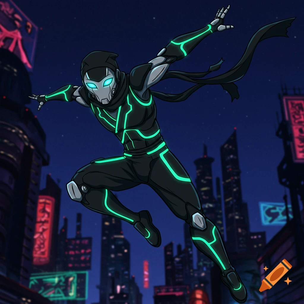 Anime illustration of a futuristic ninja android leaping over a neon city