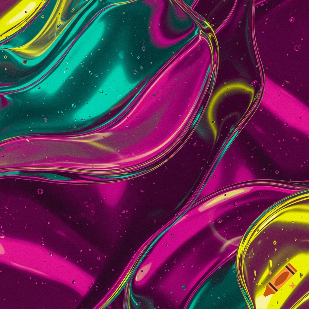 Abstract close-up of glossy, distorted liquid shapes in vibrant pink, teal, and yellow with bubbles.