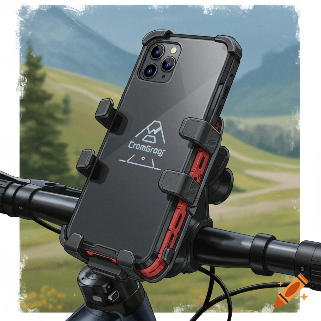 A phone is held in a mount attached to bicycle handlebars.