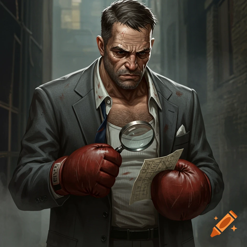 A tough man in a suit and boxing gloves examines a paper with a magnifying glass.