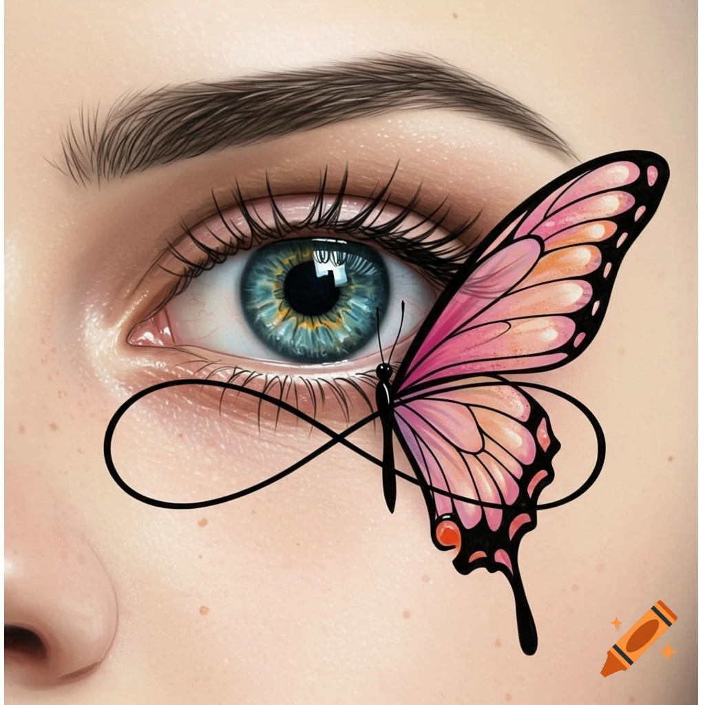 Close-up of a human eye with a pink and orange butterfly wing and an infinity symbol.