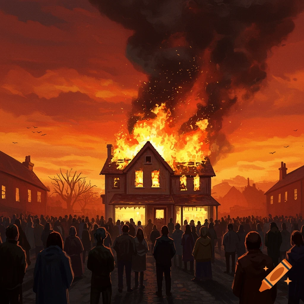 A two-story house engulfed in flames with black smoke, watched by a large crowd under an orange and red sky.