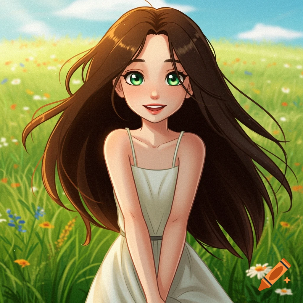 Cartoon style portrait of a young girl with long brown hair and green eyes in a white dress standing in a field of wildflowers.