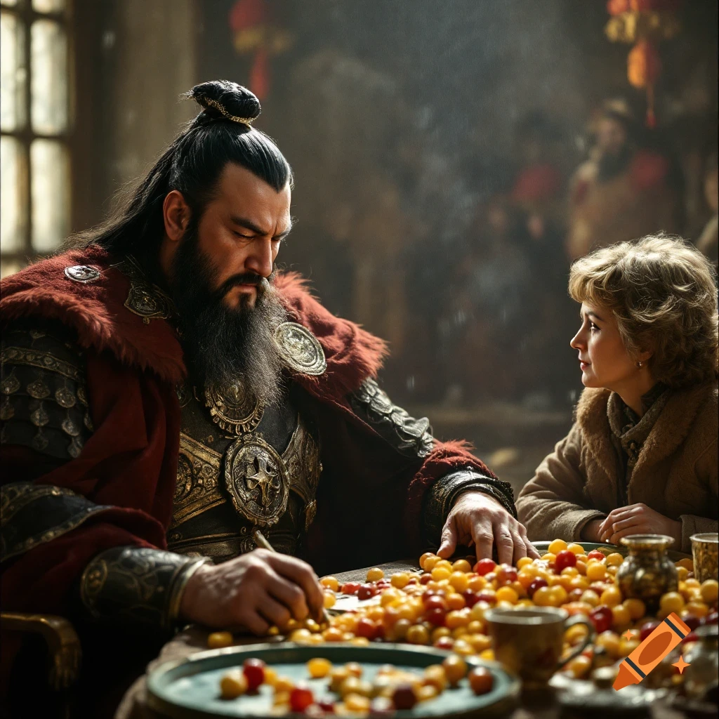 Photorealistic image of a man resembling Genghis Khan playing a game with a woman at a table covered in small balls.