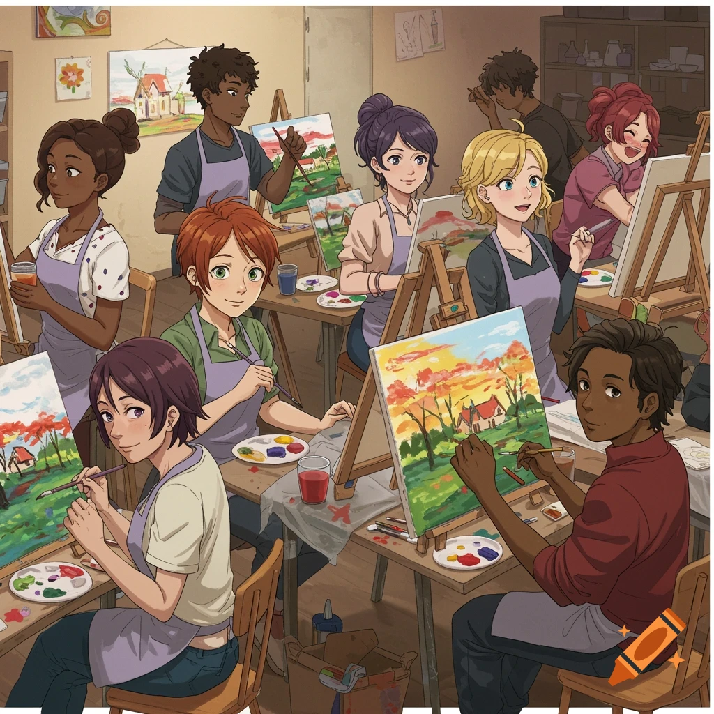People in an anime style art class or party painting canvases at easels.
