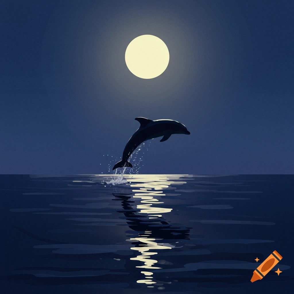 Dolphin leaps from moonlit ocean