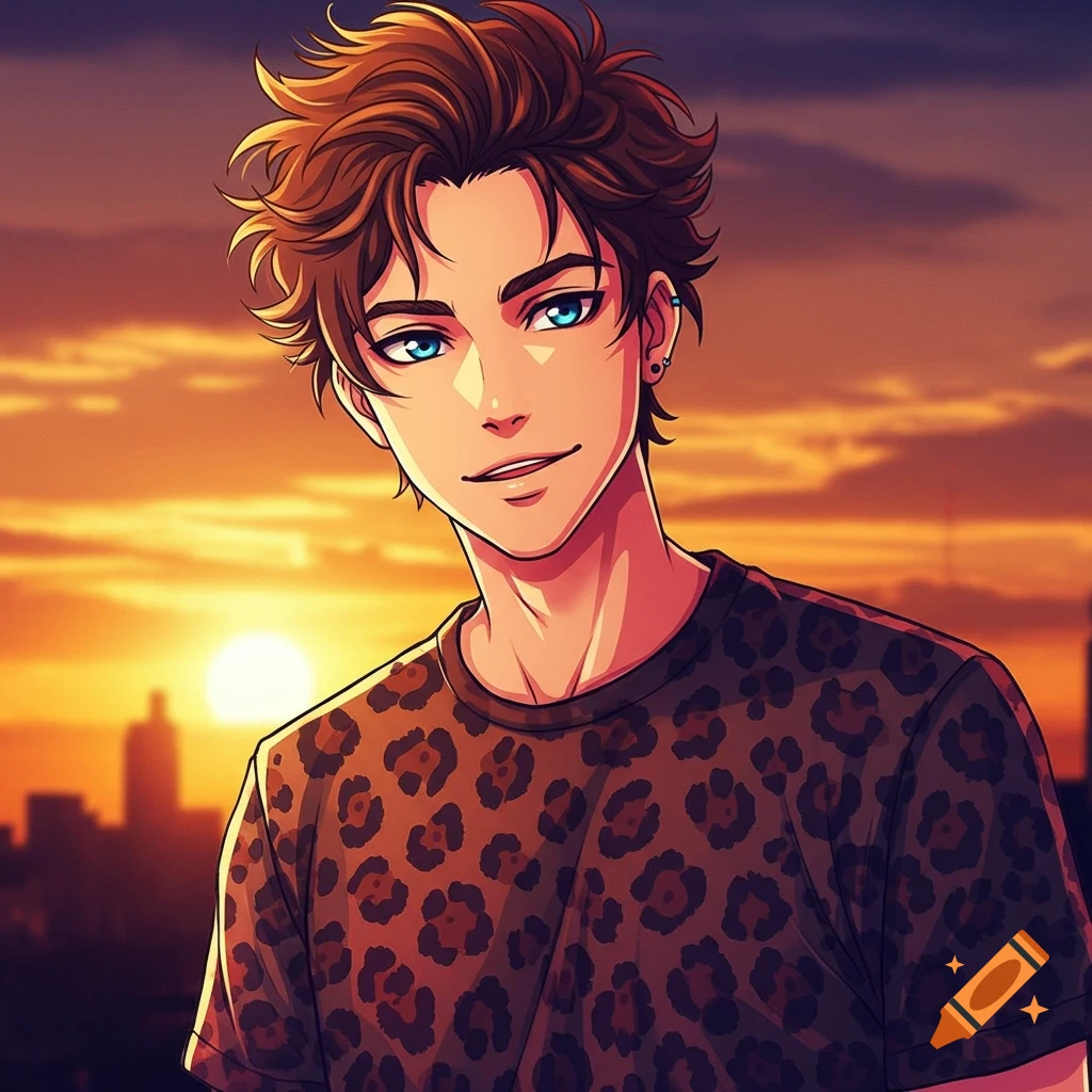 Anime boy with brown hair and blue eyes smiling in a leopard print shirt at sunset.