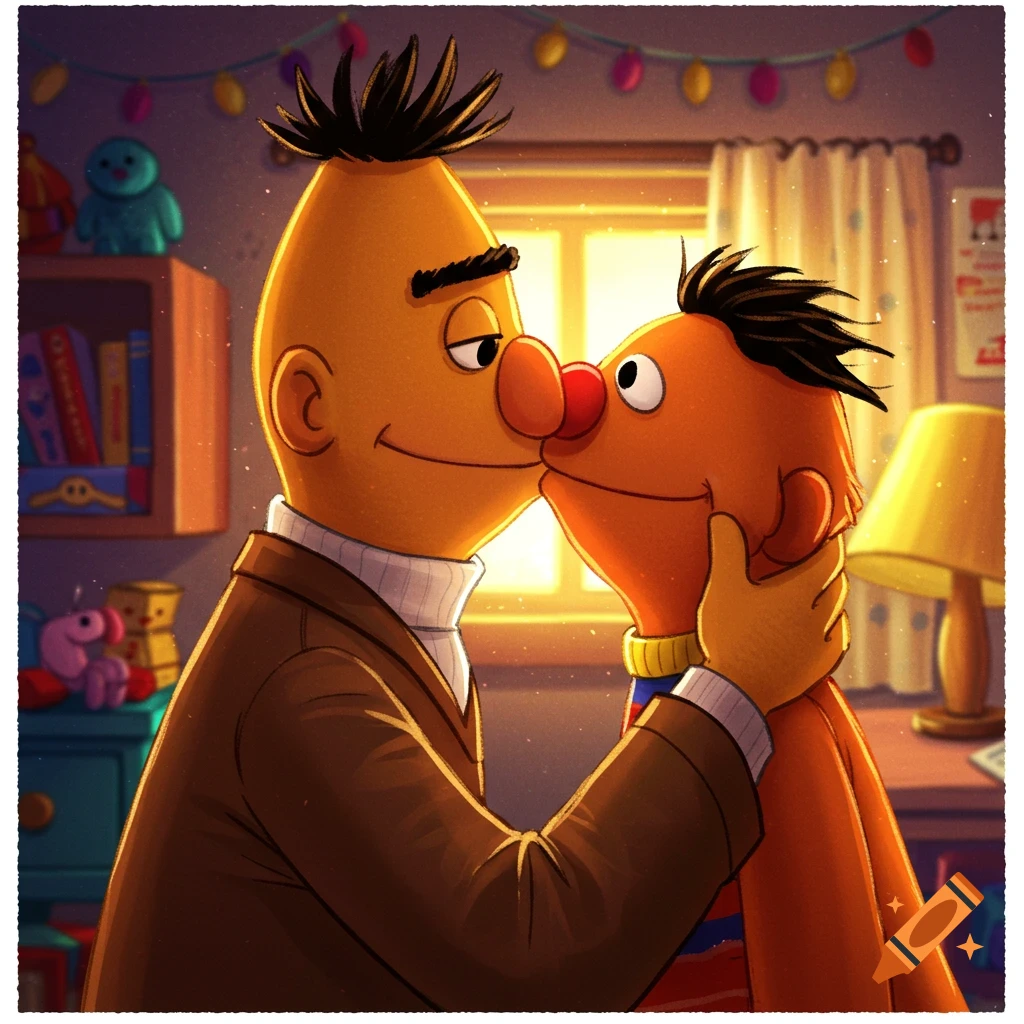 Bert is kissing Ernie in a room with bookshelves and lights.