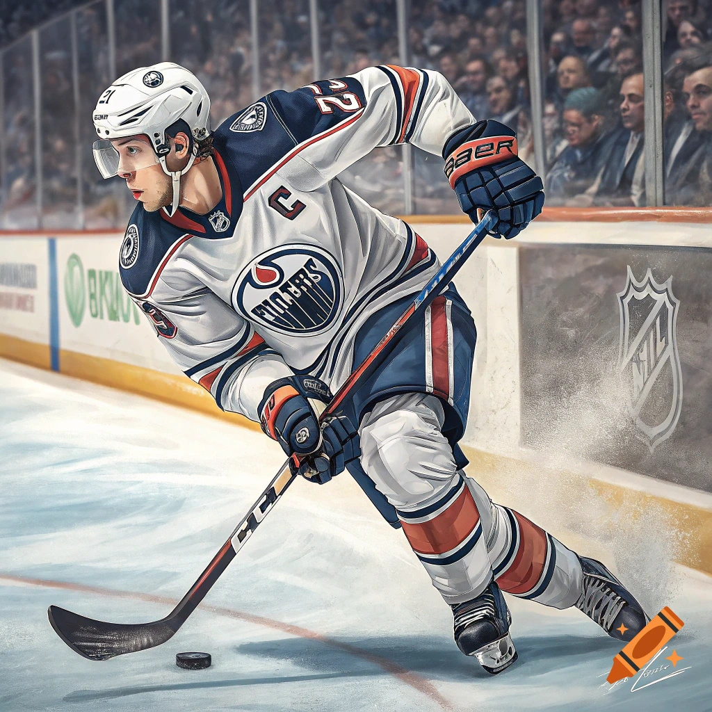 Illustration of a hockey player skating on ice, wearing an Oilers jersey with the number 22 and a C.