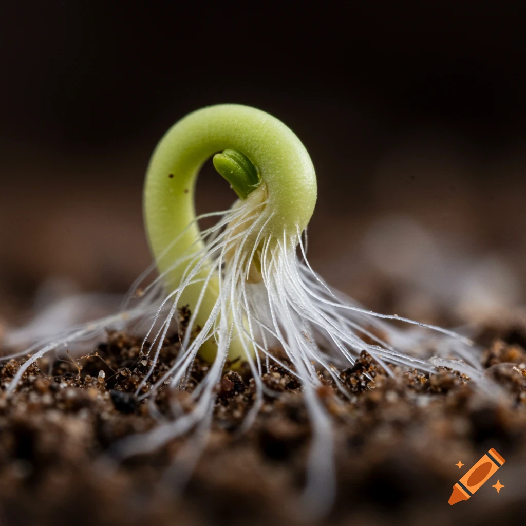 Macro photo of a green seedling sprouting from soil, showing its root system.