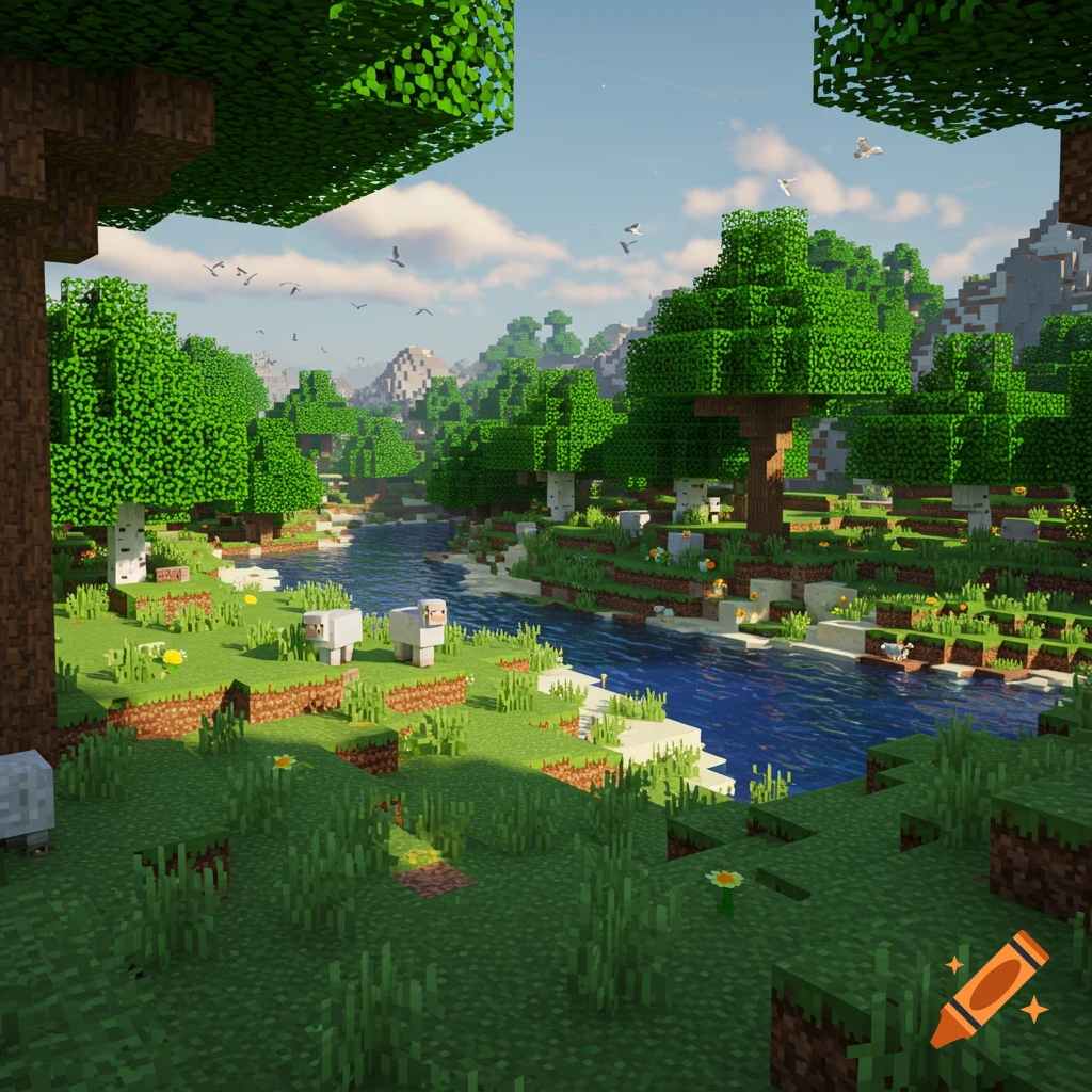 A realistic Minecraft landscape with sheep, trees, a river, and mountains under a sunny sky.