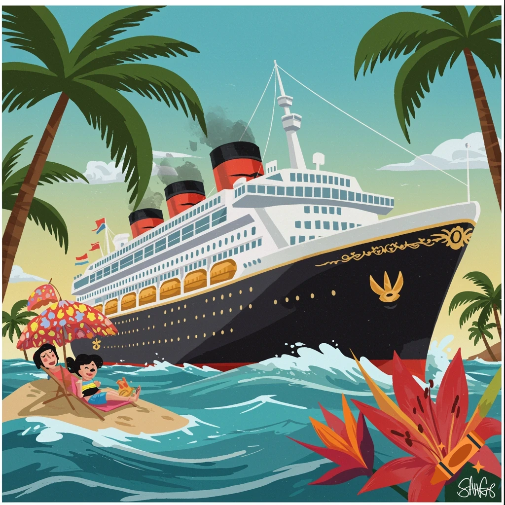 A vibrantly stylized retro illustration of a large cruise ship near a small tropical island with people lounging under a parasol.