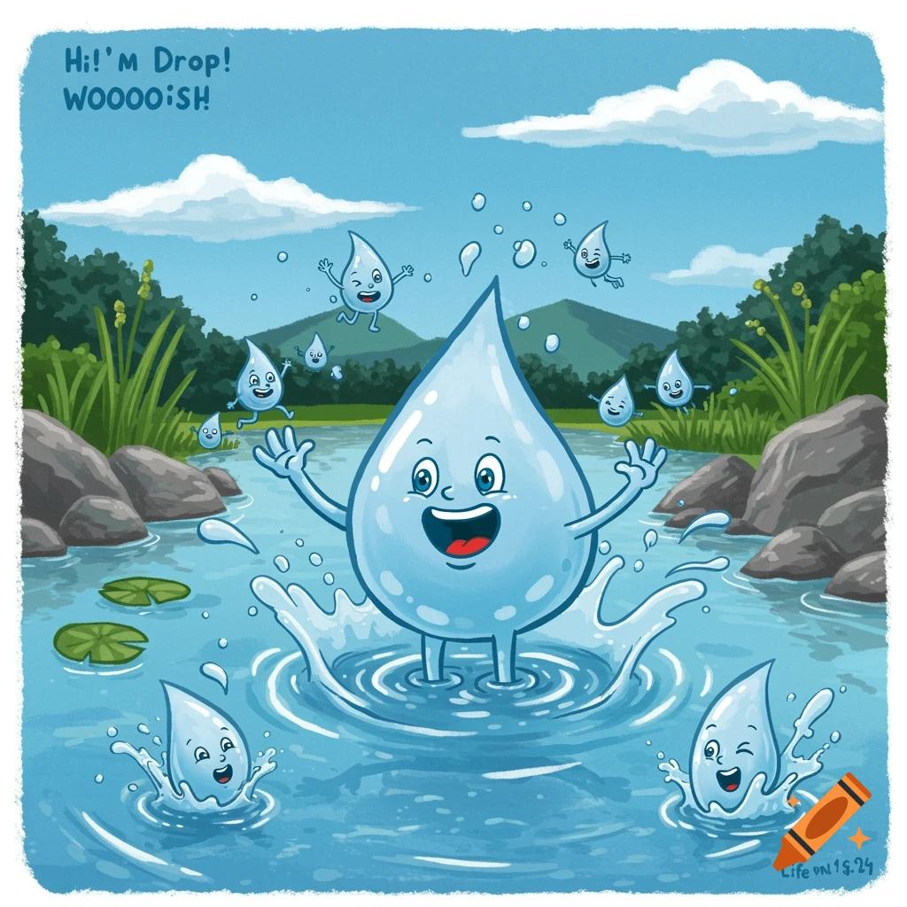 Illustration of a large, smiling water drop character splashing in a lake with smaller water drop characters around, set in a sunny landscape.