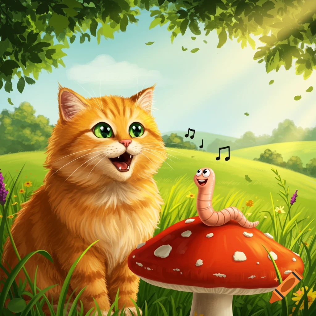 An orange cat singing to a worm on a red toadstool in a sunny grassy field.
