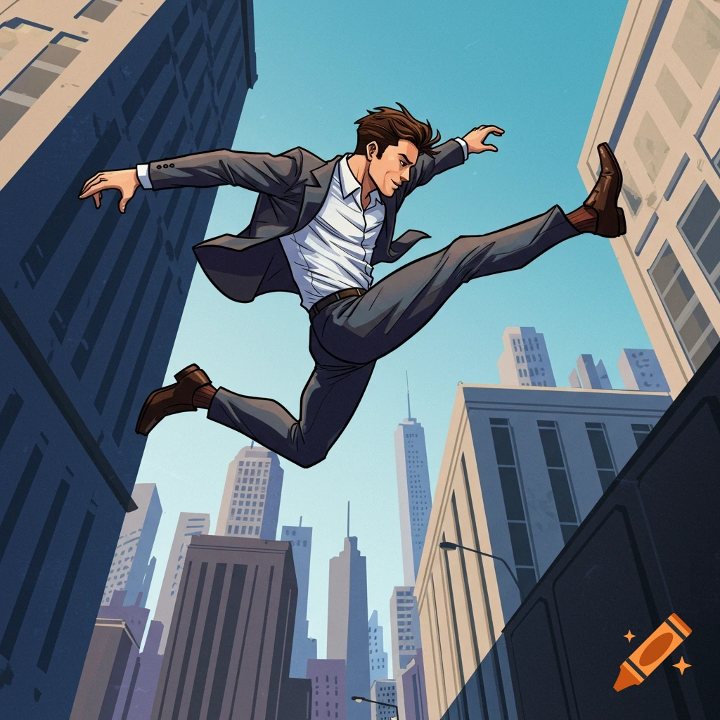 A man in a suit jumps between buildings in a city.