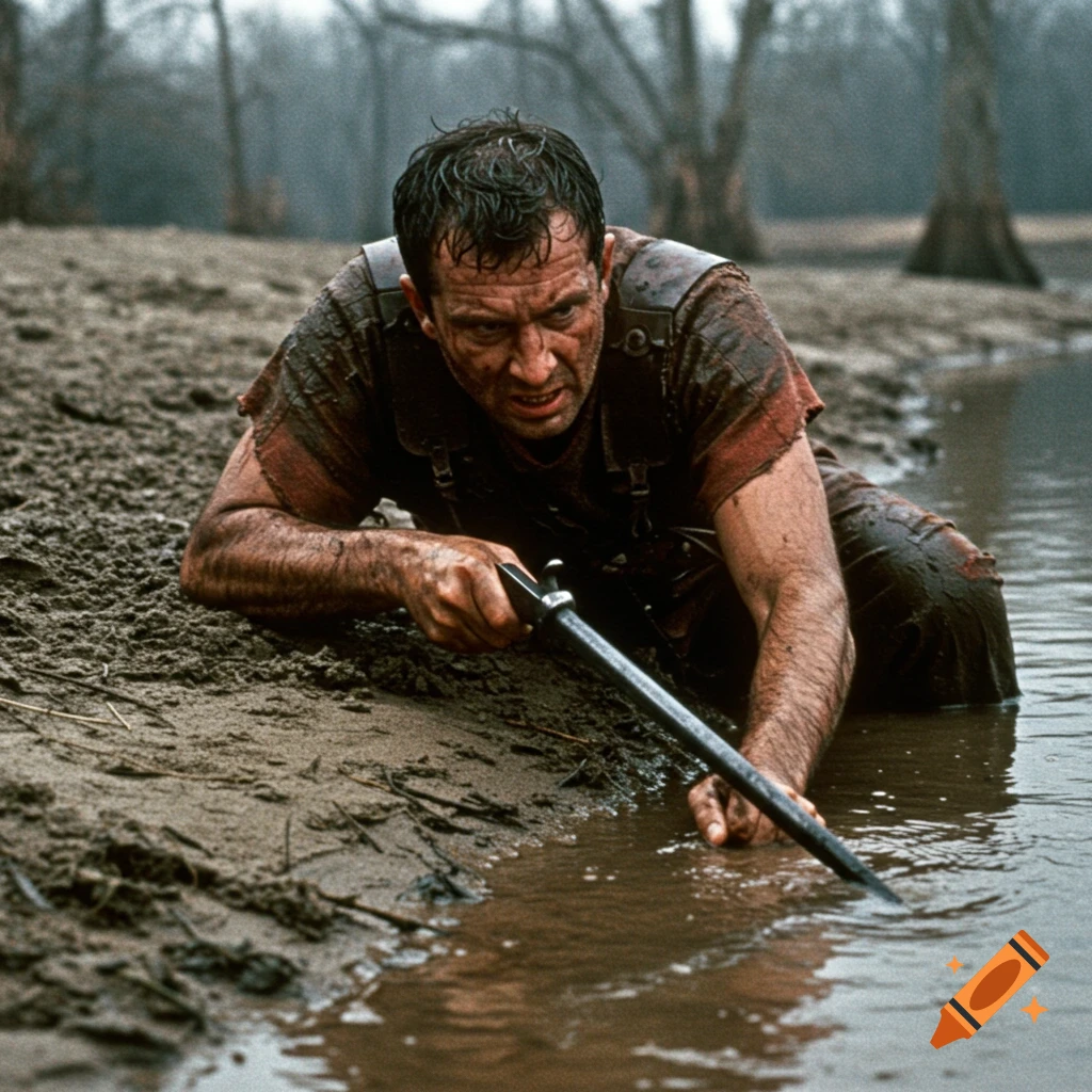 Man in dirty armor crouches at muddy riverbank, aiming a bayonet at the water in a swampy forest.