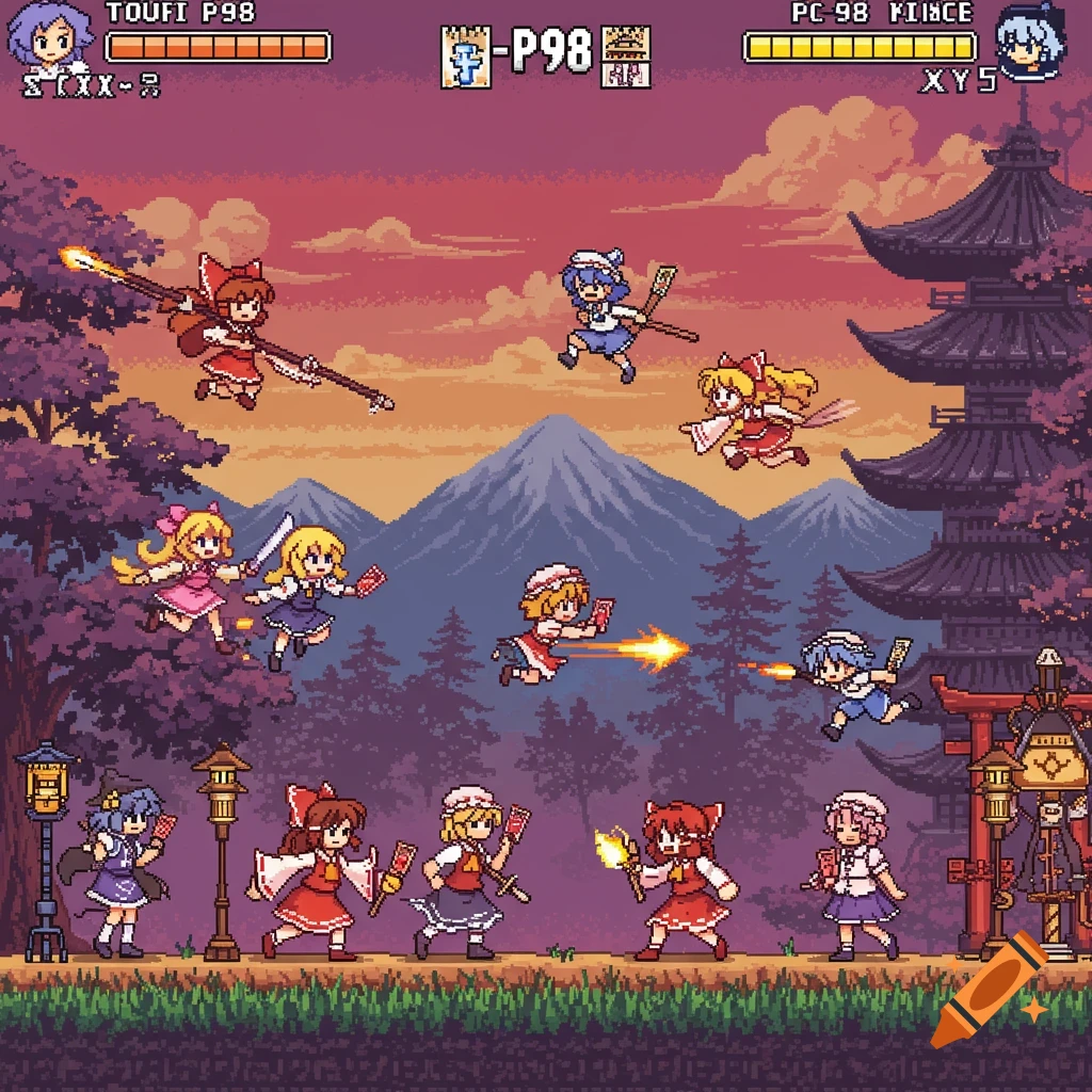 Pixel art scene of anime characters in a 90s PC98 game style, fighting and standing in a landscape with mountains and a pagoda.