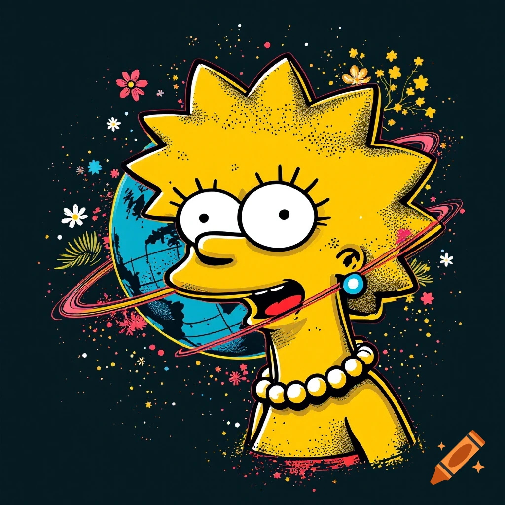 Illustration of Lisa Simpson in space with a planet ring, flowers, and stars.