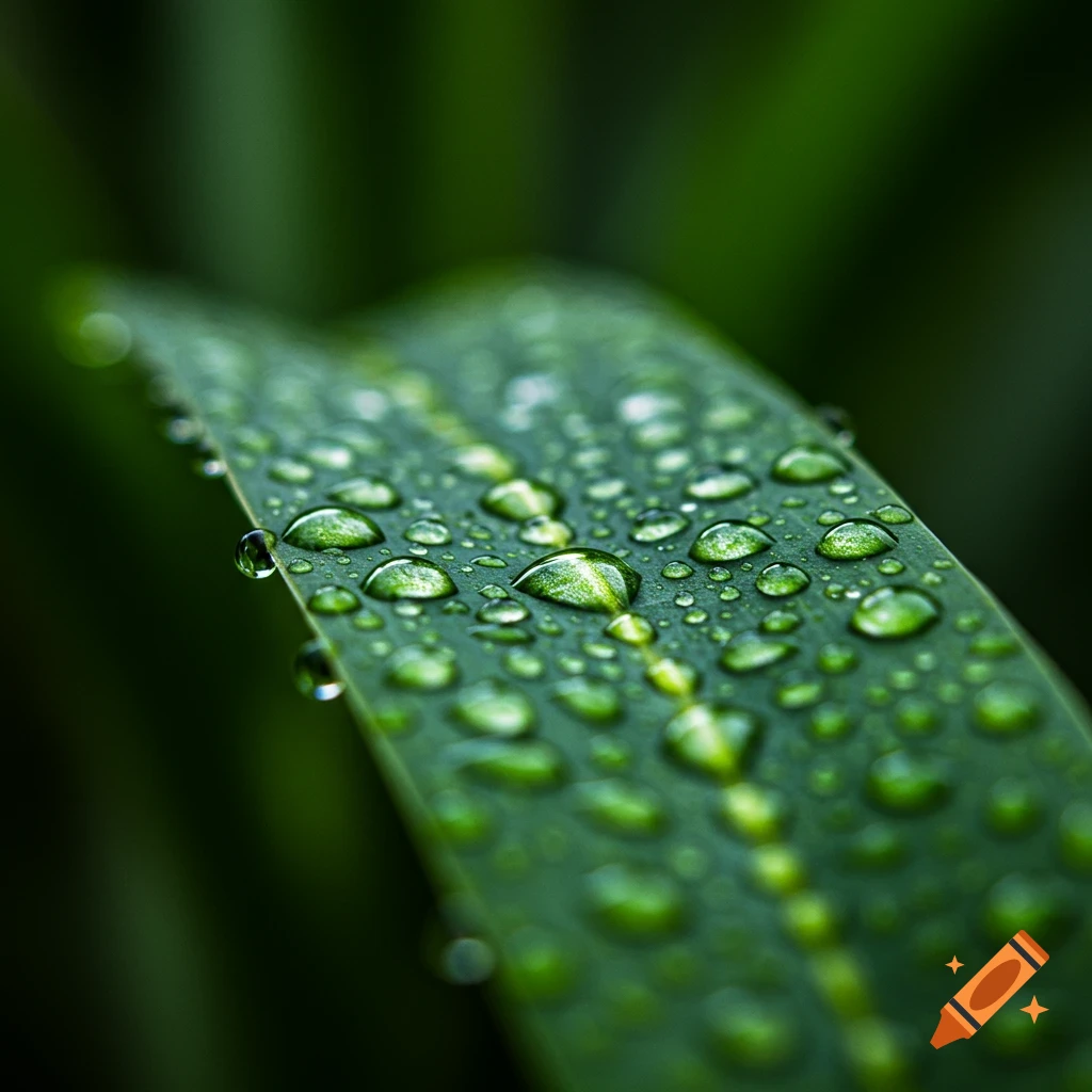 Macro photo of green leaf covered in small water droplets