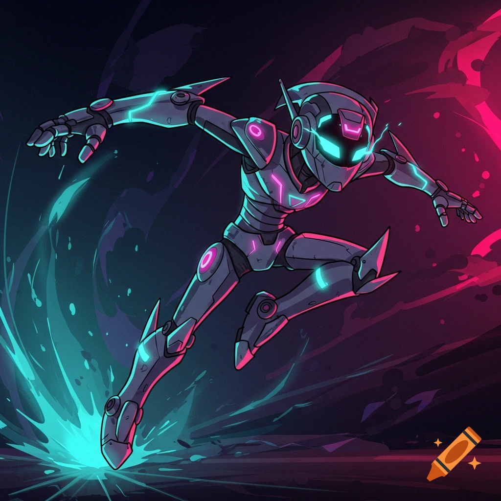 A stylized robotic ninja leaps with bright neon highlights in a dark, dynamic scene.