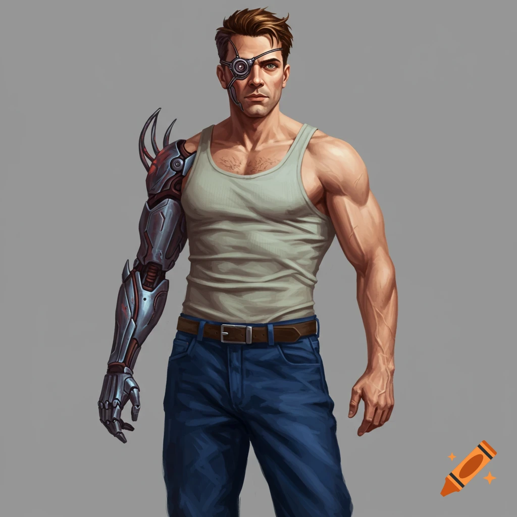 A muscular man with a robotic arm and eye, wearing a tank top and jeans.
