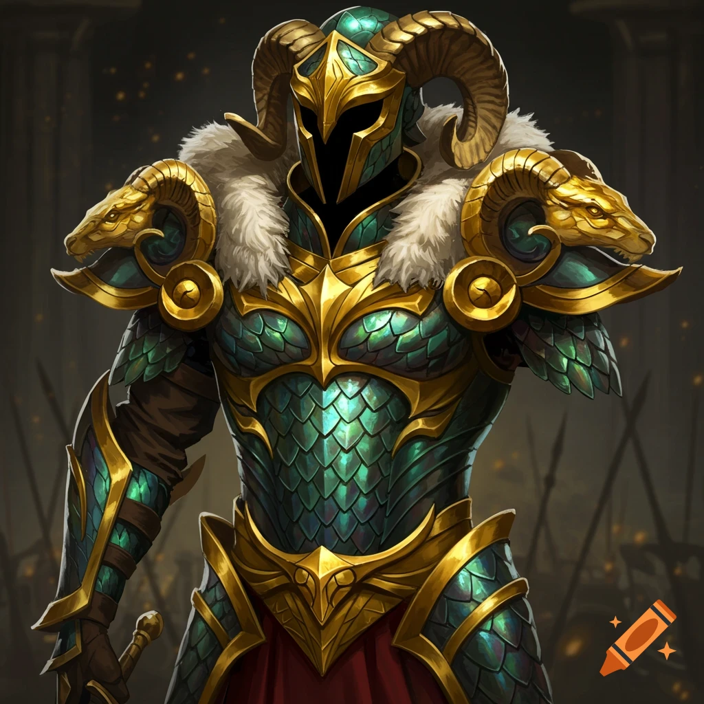 Fantasy armor made of green scales and golden trim with ram horns and shoulder rams.