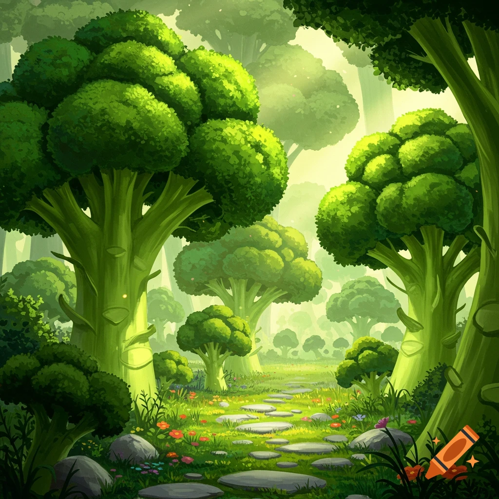 A fantasy forest where the trees look like broccoli, with a path leading through the grass and flowers.