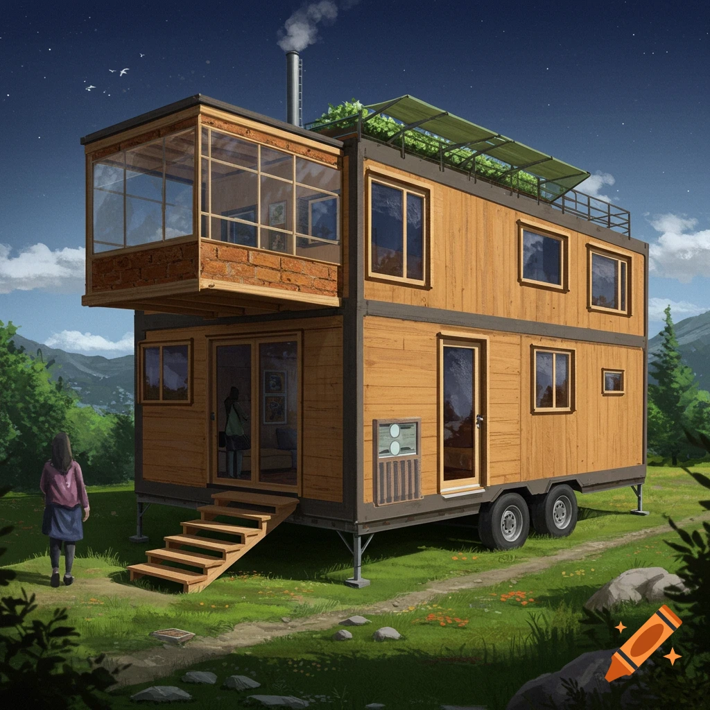A futuristic two-story tiny home on wheels in a grassy landscape.