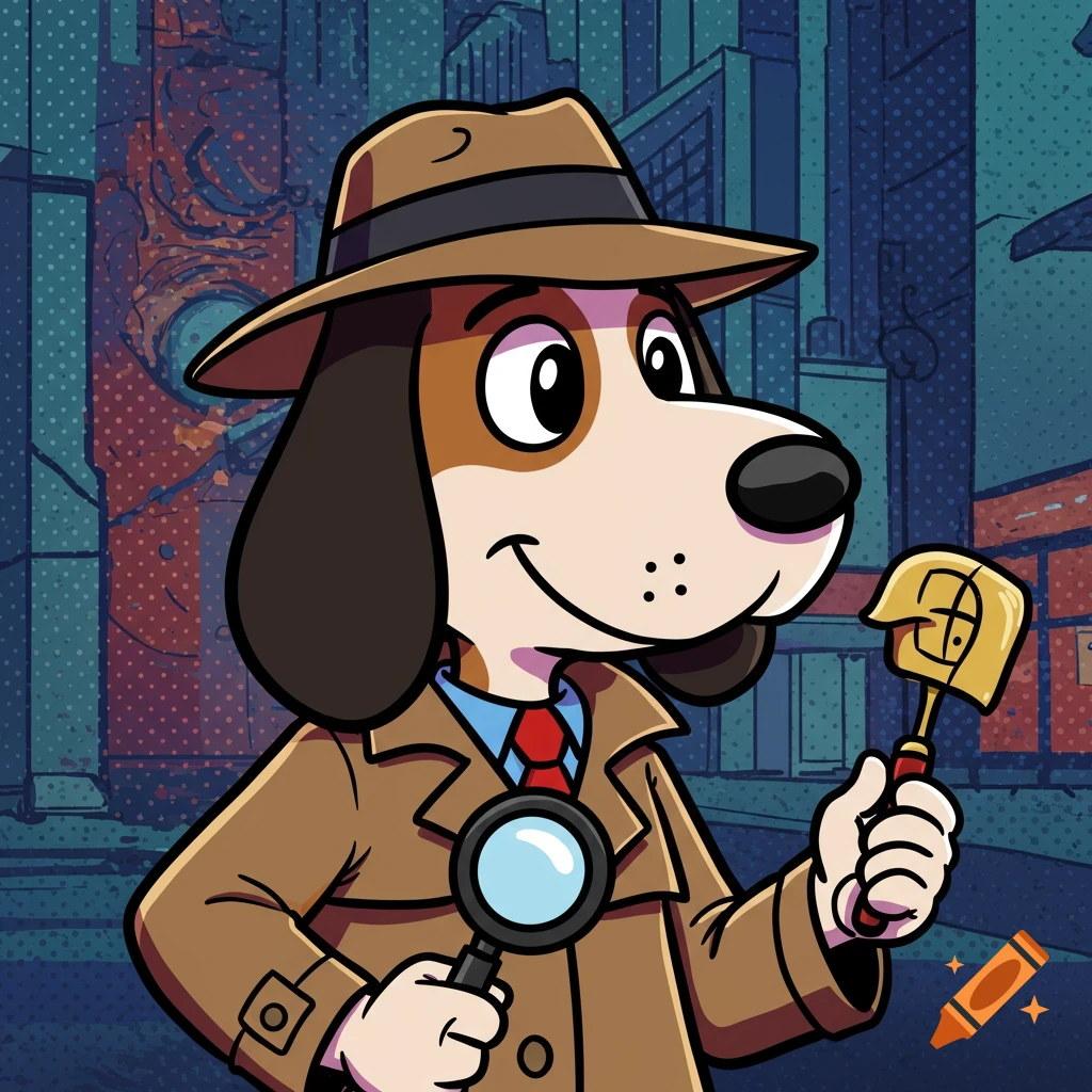 A cartoon dog detective in a fedora and trench coat holds a magnifying glass and a small shovel.