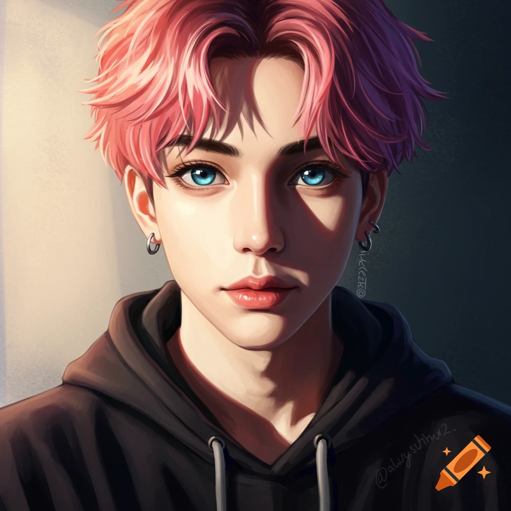Portrait of a young person with pink hair and blue eyes
