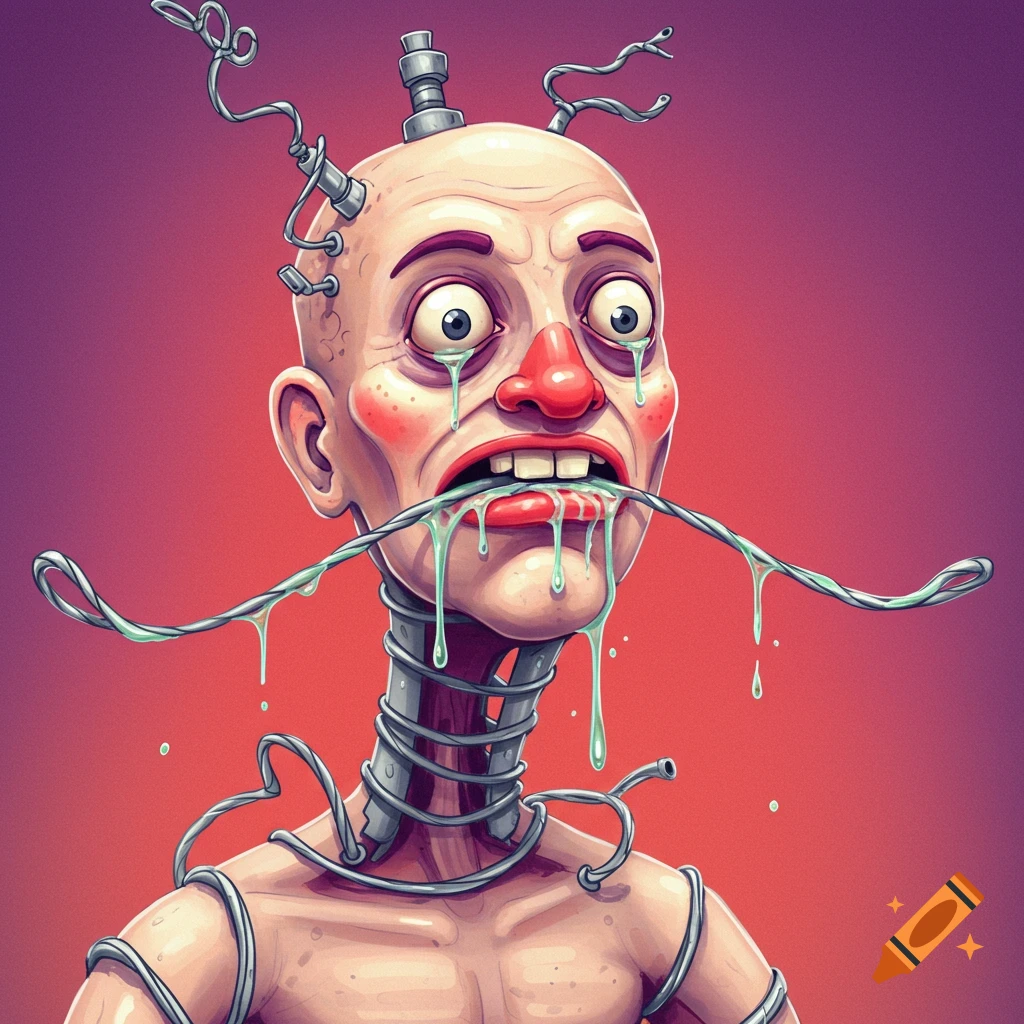 A grotesque figure is depicted with wires, dripping drool, and startled eyes