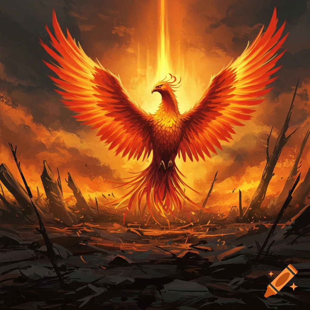 A fiery phoenix rising from apocalyptic ashes amidst flames.