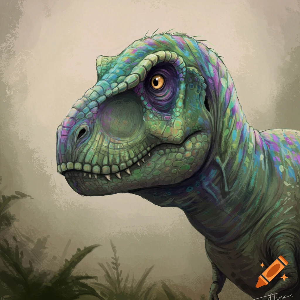 The head and neck of a T-Rex are shown with green, blue, and purple markings. The dinosaur is in a forest.
