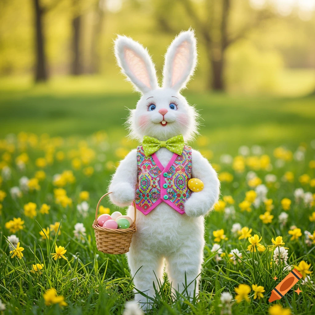 An Easter bunny in a colorful vest and bow tie holds a basket of eggs in a field of yellow flowers.