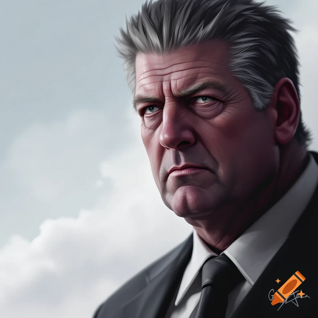 Close-up of an older man with grey hair and a suit looking serious against a cloudy sky.