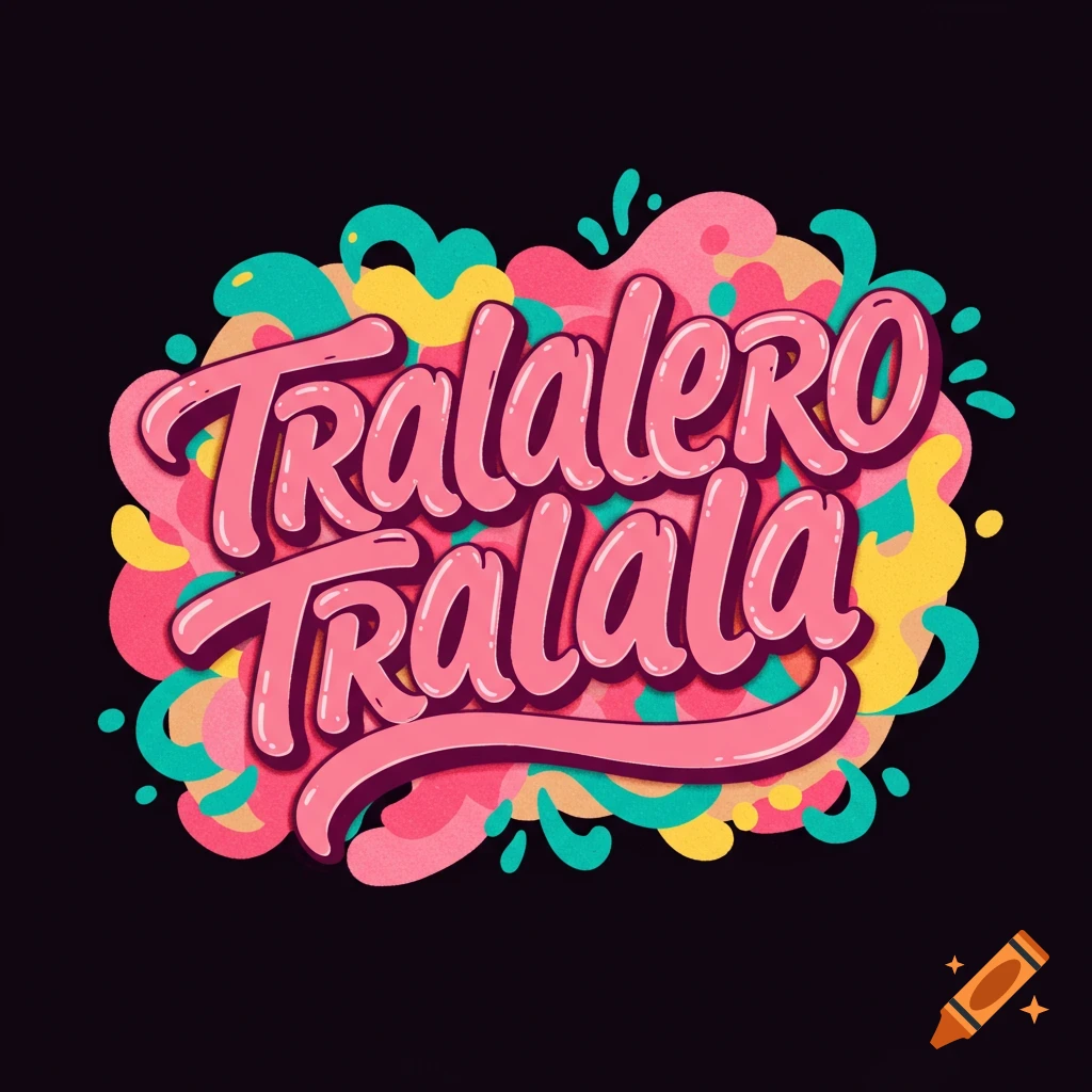 Stylized pink bubble text reads "TRALALERO TRALALA" over a colorful abstract background of teal, yellow, and pink shapes.