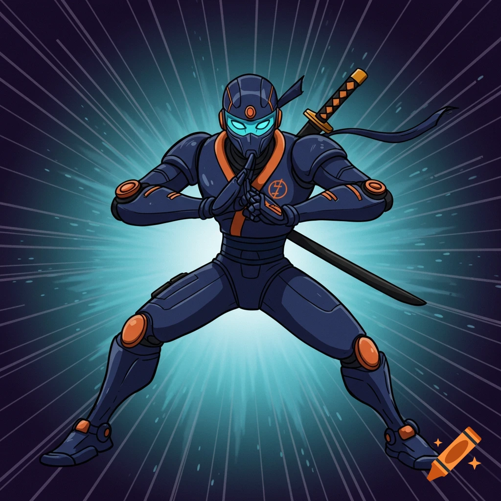 A blue and orange futuristic ninja robot in an action pose with a sword, in a cartoon style.