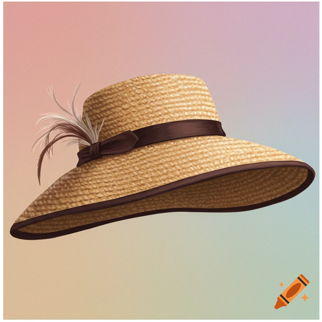 A straw sunhat with a dark ribbon and feather.