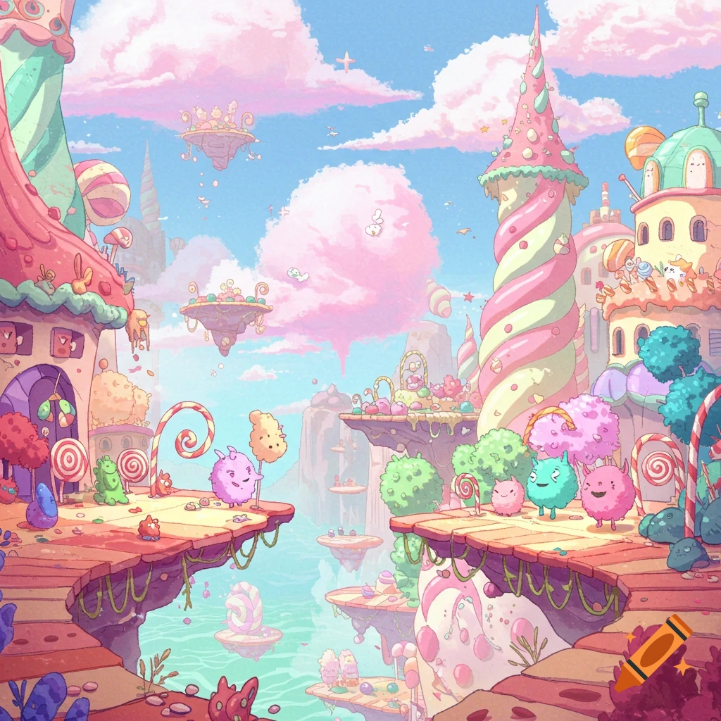 A vibrant, candy-themed fantasy landscape with cute cartoon creatures on floating platforms.