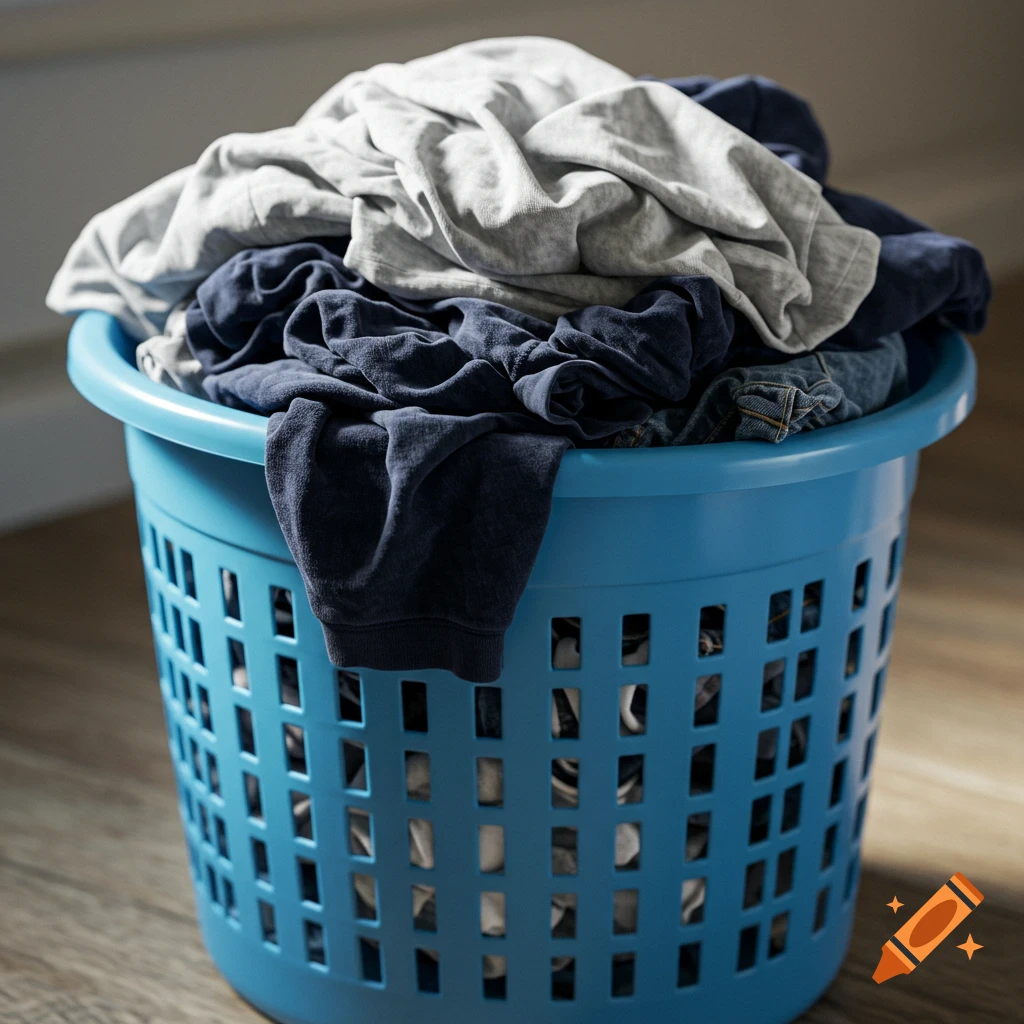 A blue plastic laundry basket overflowing with dirty clothes sits on a wooden floor.