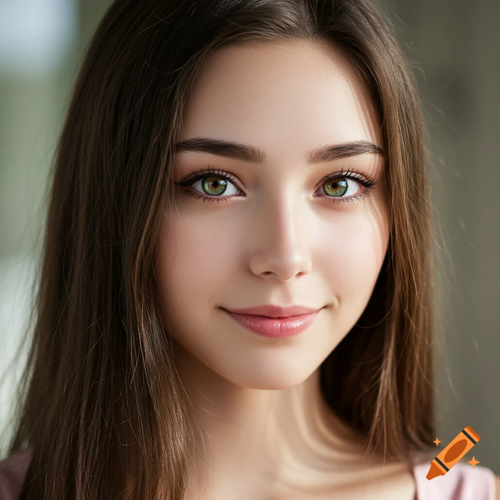 Close-up portrait of a young woman with brown hair and green eyes smiling