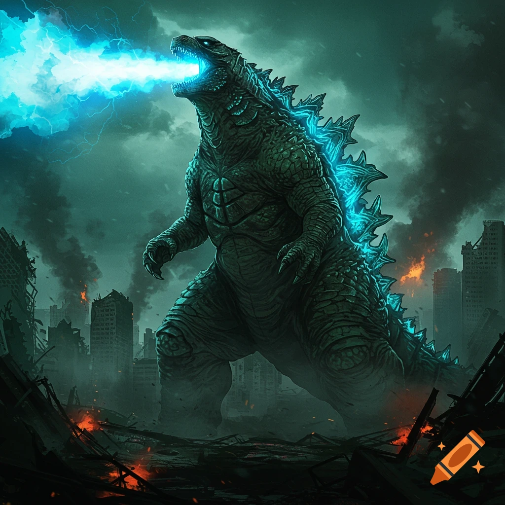 A vibrant depiction of Godzilla roaring with blue atomic breath in a destroyed city